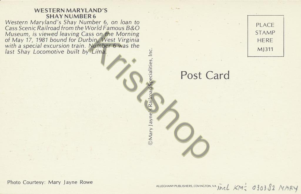 KRST007-7545_1.jpg Train - Western Maryland Shay Number 6 [KRST007-7545 - Afbeelding 2