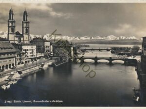 Zürich Limmat Grossmünster u die Alpen [KRST008-6246