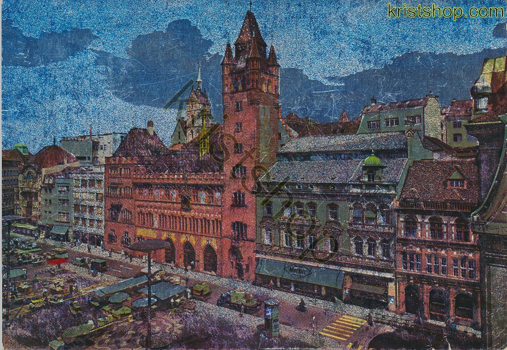 KRST009-3486_0.jpg Basel - Rathaus und Marktplatz - Silber Postkarte [009-3486
